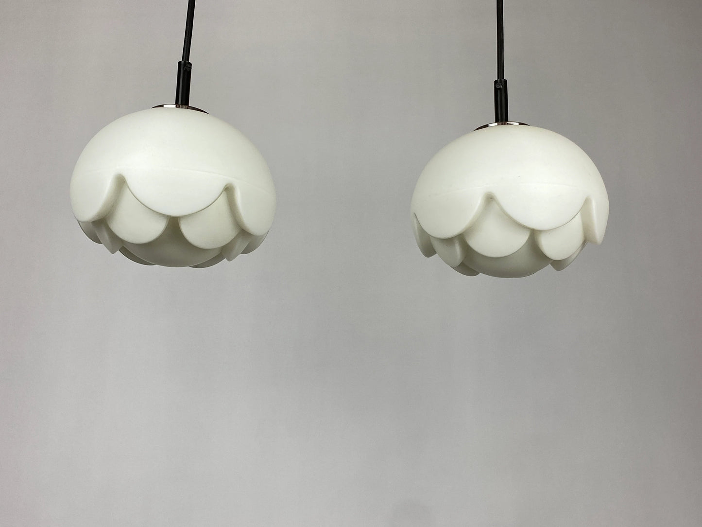 Pair of two frosted glass Artichoke pendant lights by Peill and Putzler 1970