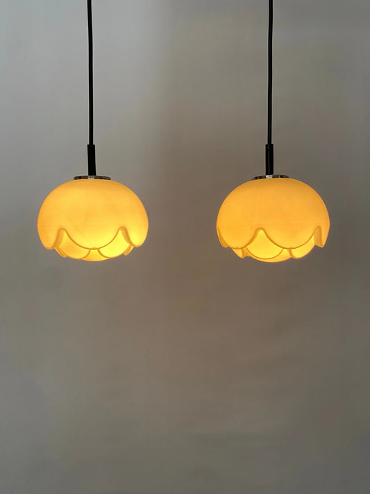 Pair of two frosted glass Artichoke pendant lights by Peill and Putzler 1970