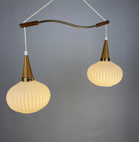 A pair of White opal frosted glass pendants light with wooden details by Massive 1970