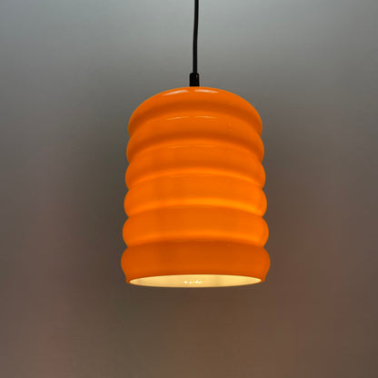 ribbed orange glass pendant lamp
1960s German glass hanging lamp
vintage mid-century modern lighting
retro orange glass lamp for sale
1960s ribbed glass pendant light