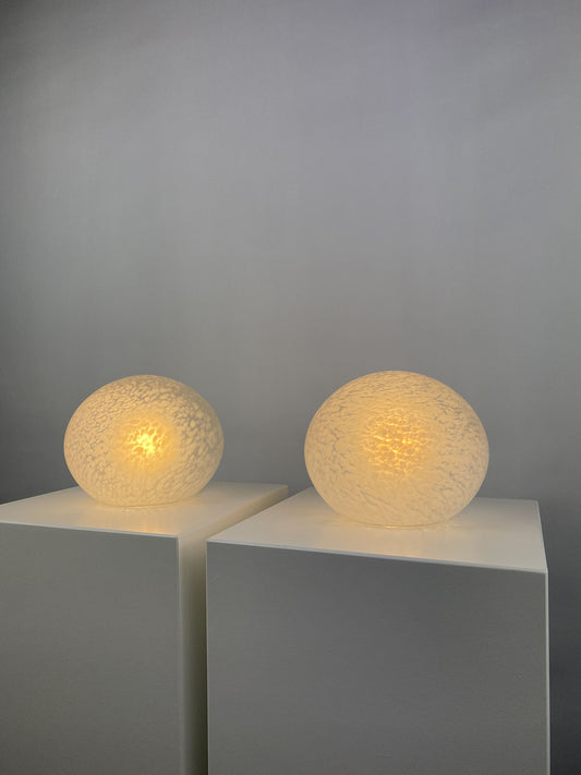 Pair of two white cloudy glass egg shaped table lamps 1970 Verrerie de Vianne style