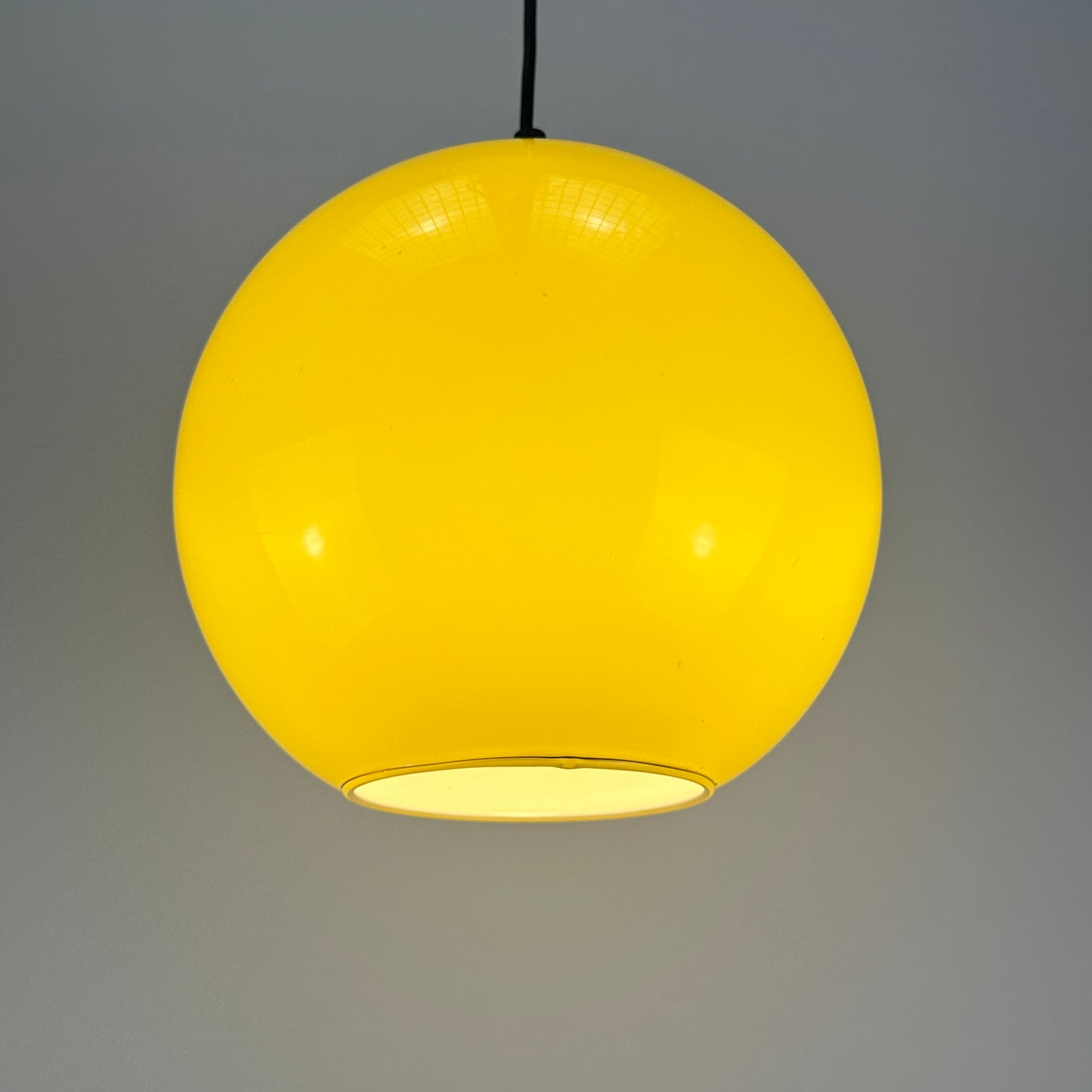 Vintage neon yellow globe pendant light
Peill &amp; Putzler 1970s lighting
Retro glass ceiling lamp
Mid-century modern yellow light fixture
Collectible vintage glass lighting