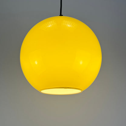 Vintage neon yellow globe pendant light
Peill &amp; Putzler 1970s lighting
Retro glass ceiling lamp
Mid-century modern yellow light fixture
Collectible vintage glass lighting