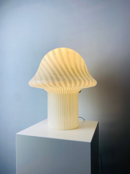 1 of 3 Large white crystal glass zebra striped Peill and Putzler mushroom table lamp XL 1970
